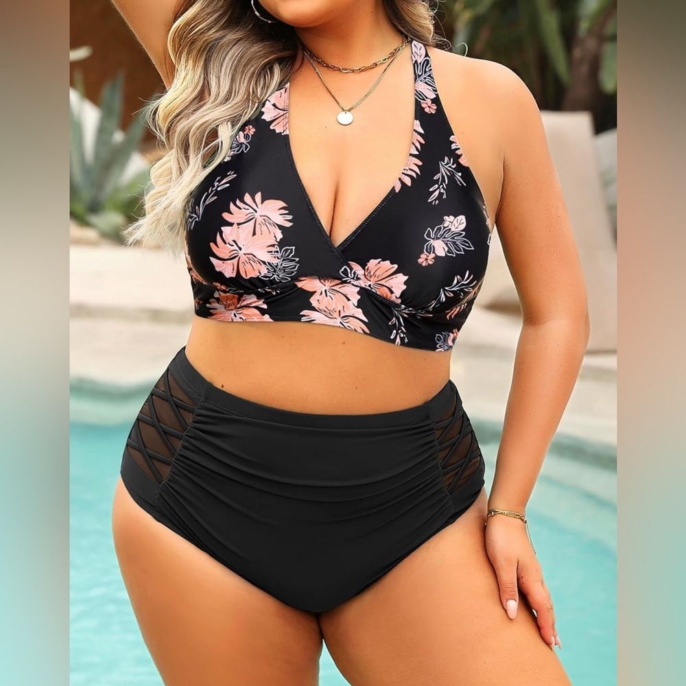 Younique Black Floral Bikini with Plunging Halter High-Waisted Bottom 14W NWT - Picture 9 of 11